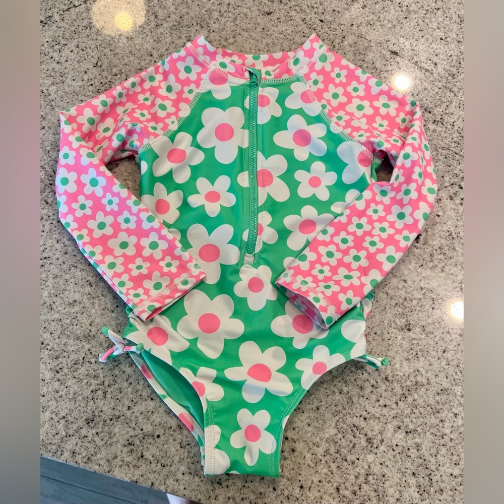 Toddler girl swimsuit rashguard 3T Jumping beans pink and green flowers